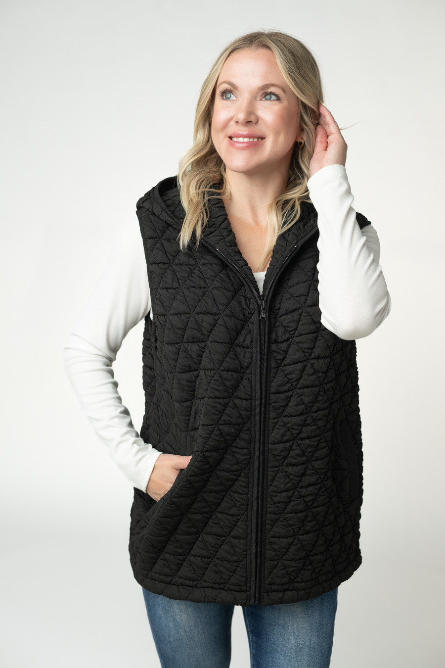 WAREHOUSE ONLY Heather Geometric Hooded Vest - Black