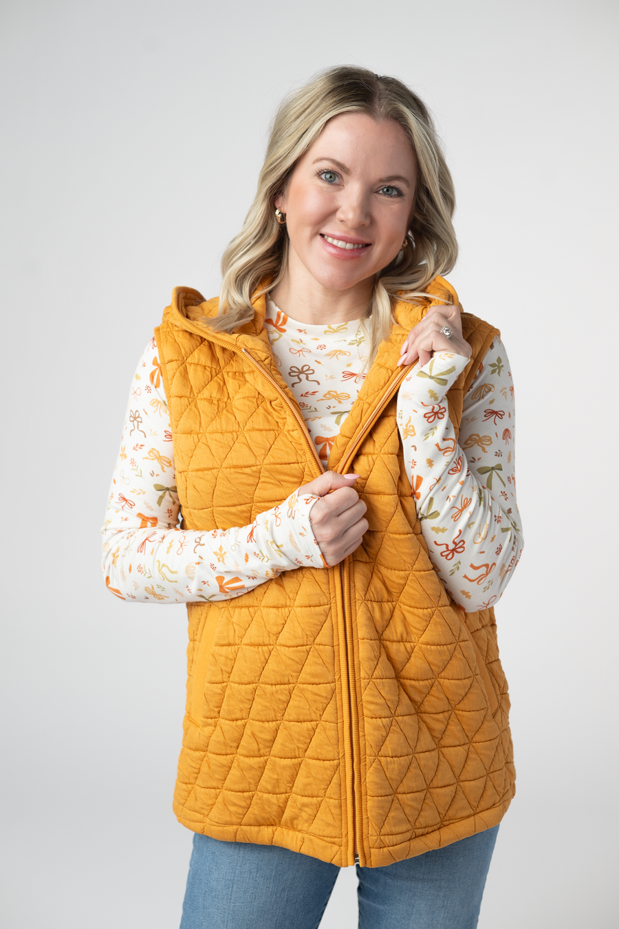WAREHOUSE ONLY Heather Geometric Hooded Vest - Mustard