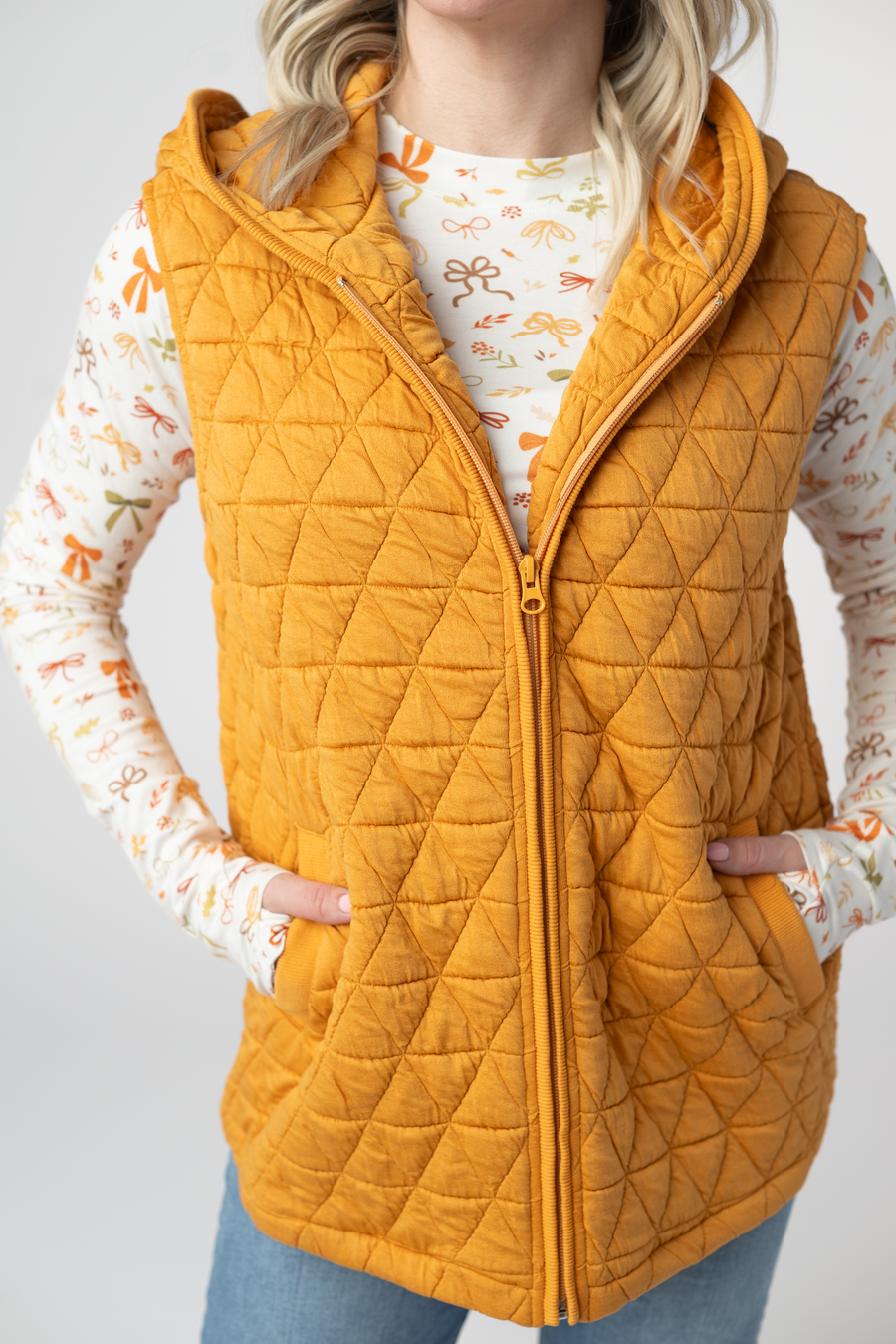 WAREHOUSE ONLY Heather Geometric Hooded Vest - Mustard