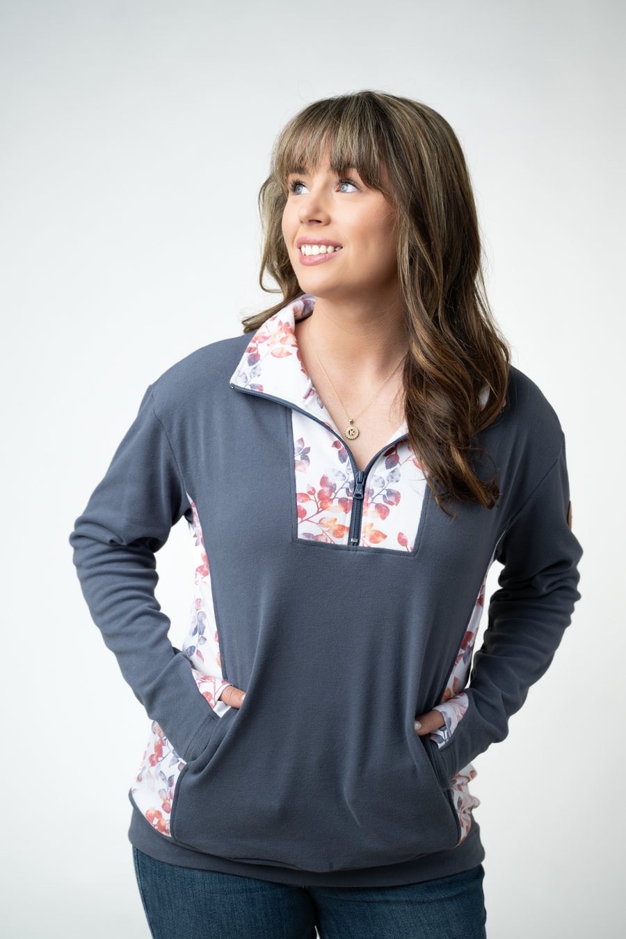 WAREHOUSE ONLY Rowan Zip Pullover - Slate Blue and Autumn Watercolor