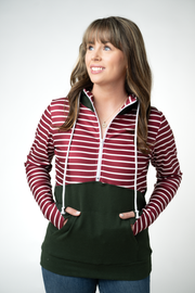 WAREHOUSE ONLY Soft Classic HalfZip Hoodie - Evergreen and Burgundy Stripes