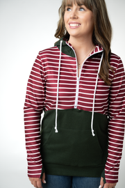 WAREHOUSE ONLY Soft Classic HalfZip Hoodie - Evergreen and Burgundy Stripes