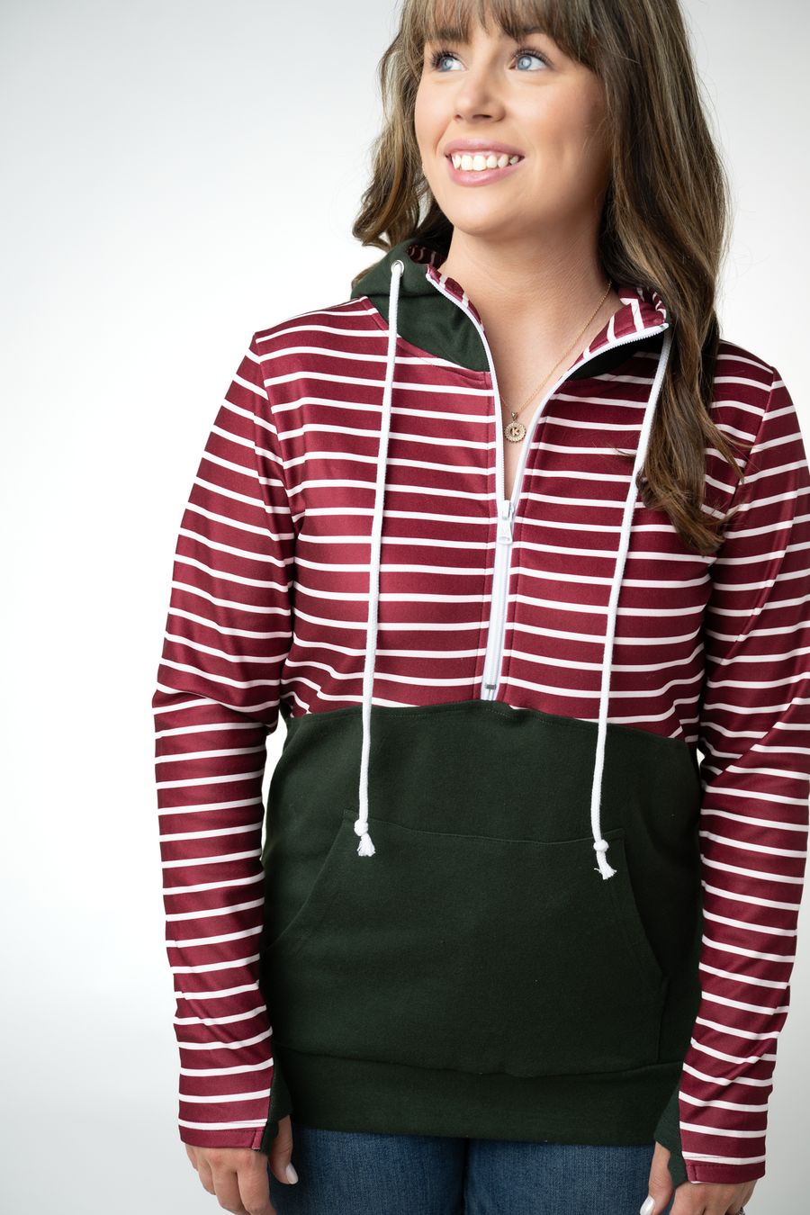 WAREHOUSE ONLY Soft Classic HalfZip Hoodie - Evergreen and Burgundy Stripes