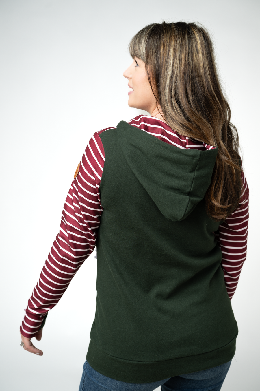 WAREHOUSE ONLY Soft Classic HalfZip Hoodie - Evergreen and Burgundy Stripes