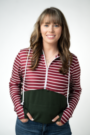 WAREHOUSE ONLY Soft Classic HalfZip Hoodie - Evergreen and Burgundy Stripes