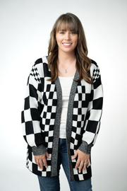 WAREHOUSE ONLY Long Checkered Pocket Cardigan - Black and White