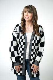 WAREHOUSE ONLY Long Checkered Pocket Cardigan - Black and White