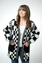 WAREHOUSE ONLY Long Checkered Pocket Cardigan - Black and White