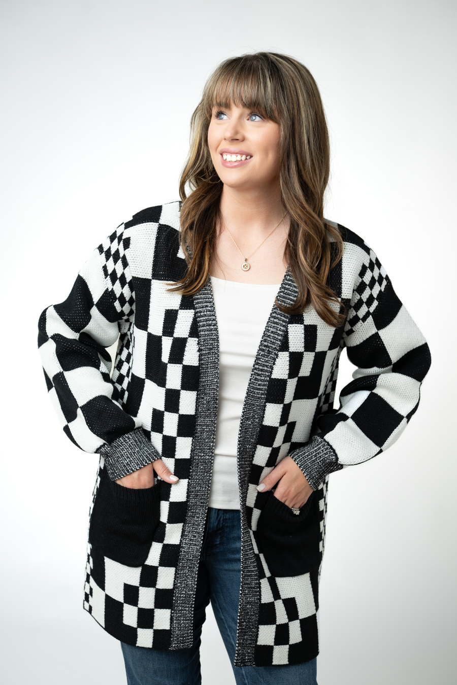 WAREHOUSE ONLY Long Checkered Pocket Cardigan - Black and White