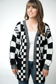 WAREHOUSE ONLY Long Checkered Pocket Cardigan - Black and White