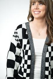 WAREHOUSE ONLY Long Checkered Pocket Cardigan - Black and White