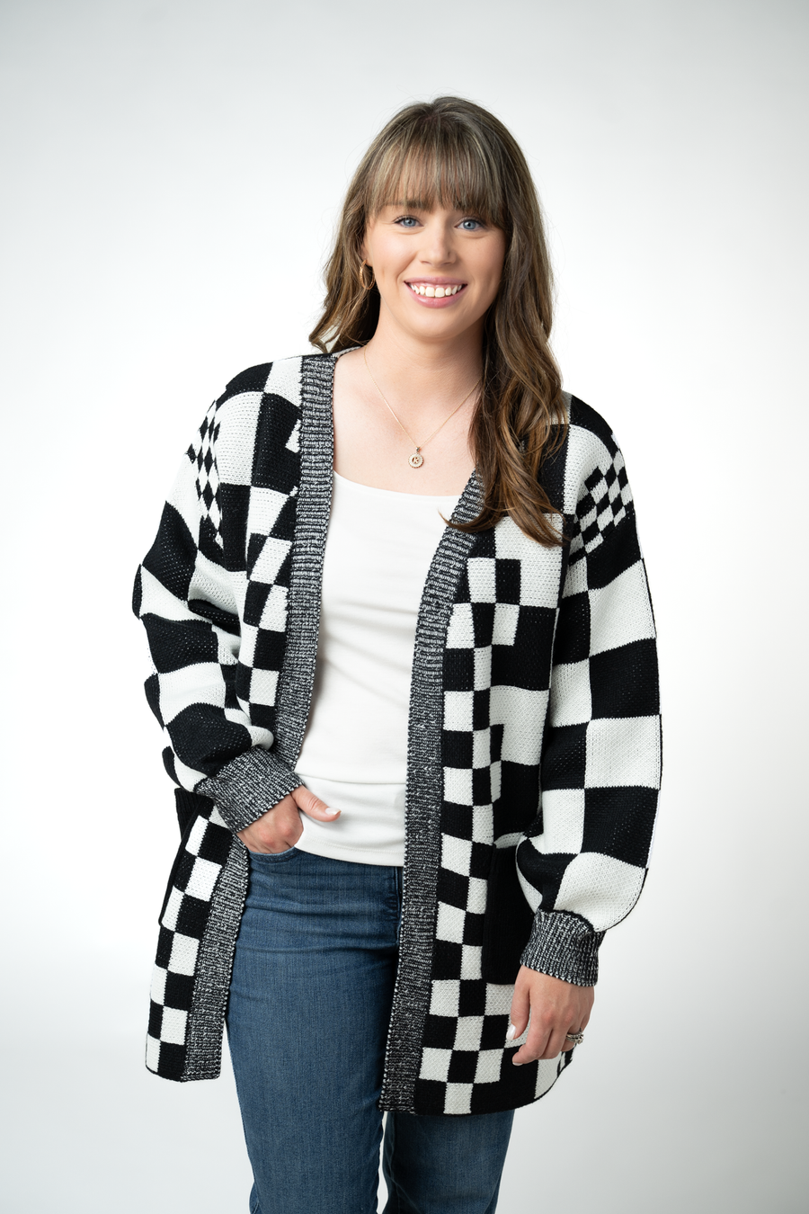 WAREHOUSE ONLY Long Checkered Pocket Cardigan - Black and White