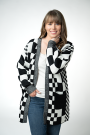WAREHOUSE ONLY Long Checkered Pocket Cardigan - Black and White