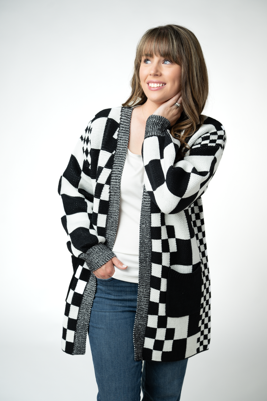 WAREHOUSE ONLY Long Checkered Pocket Cardigan - Black and White
