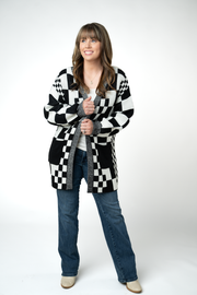 WAREHOUSE ONLY Long Checkered Pocket Cardigan - Black and White