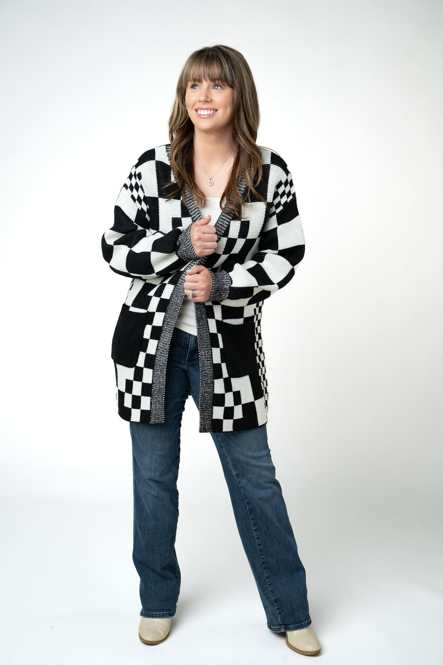 WAREHOUSE ONLY Long Checkered Pocket Cardigan - Black and White