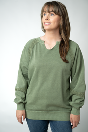 WAREHOUSE ONLY Lace Accent Vintage Wash Pullover - Olive
