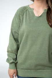 WAREHOUSE ONLY Lace Accent Vintage Wash Pullover - Olive