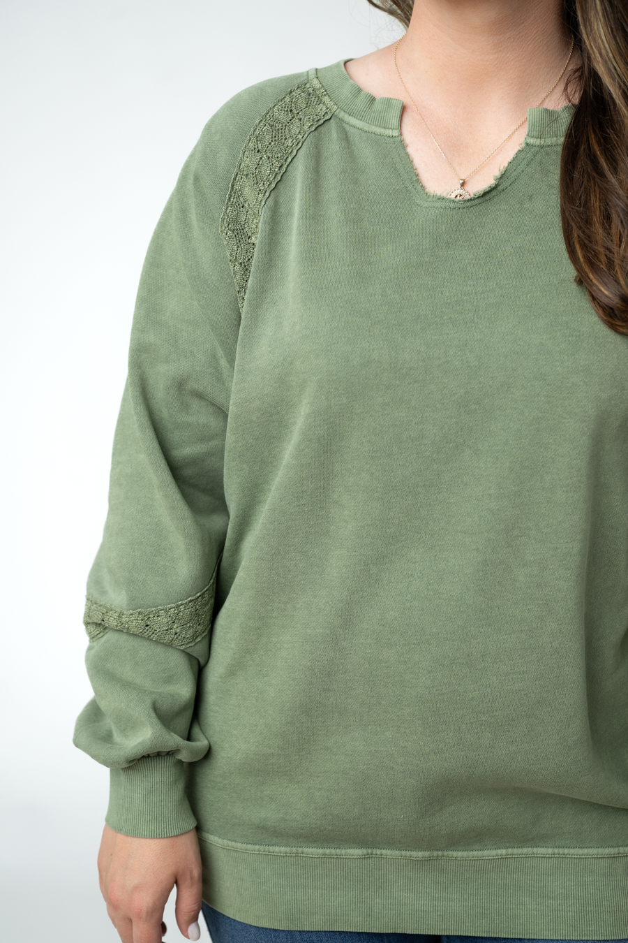 WAREHOUSE ONLY Lace Accent Vintage Wash Pullover - Olive