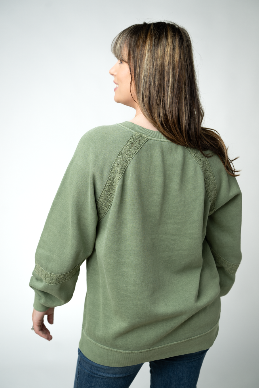 WAREHOUSE ONLY Lace Accent Vintage Wash Pullover - Olive