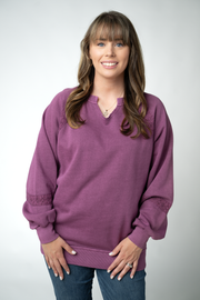 WAREHOUSE ONLY Lace Accent Vintage Wash Pullover - Purple