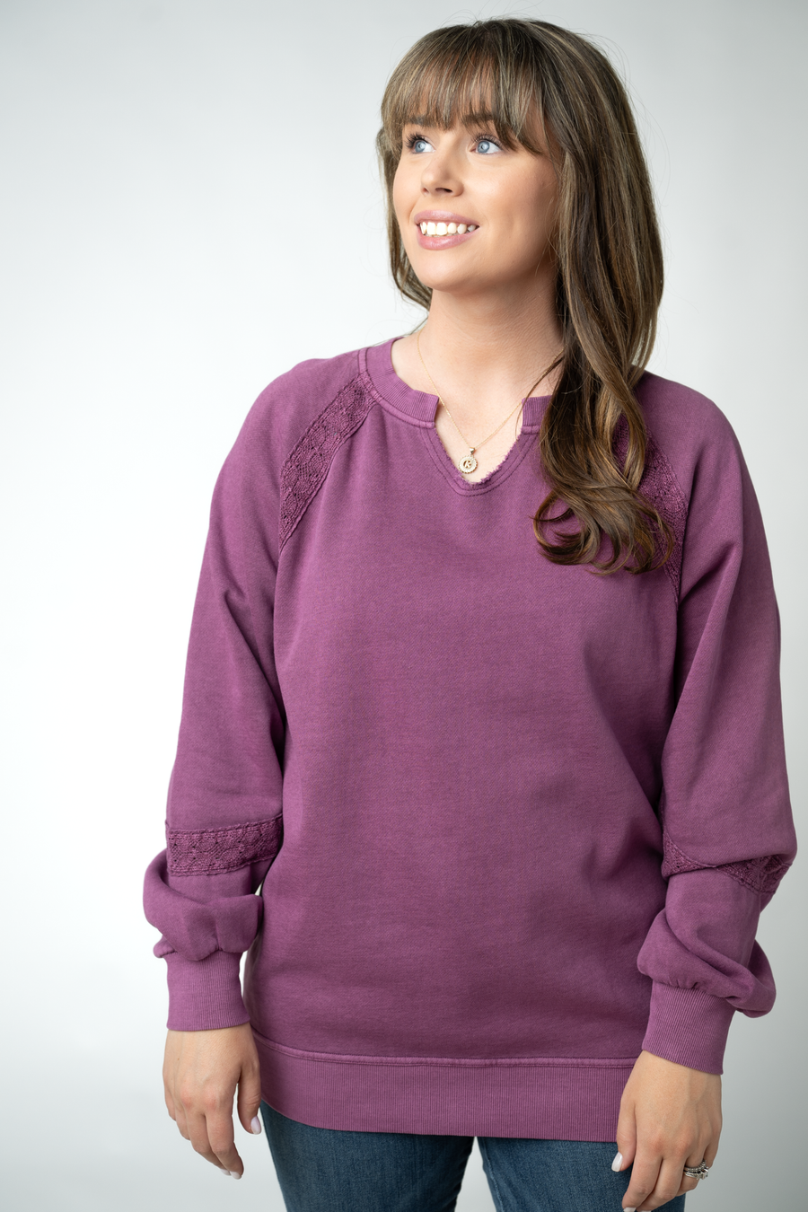 WAREHOUSE ONLY Lace Accent Vintage Wash Pullover - Purple