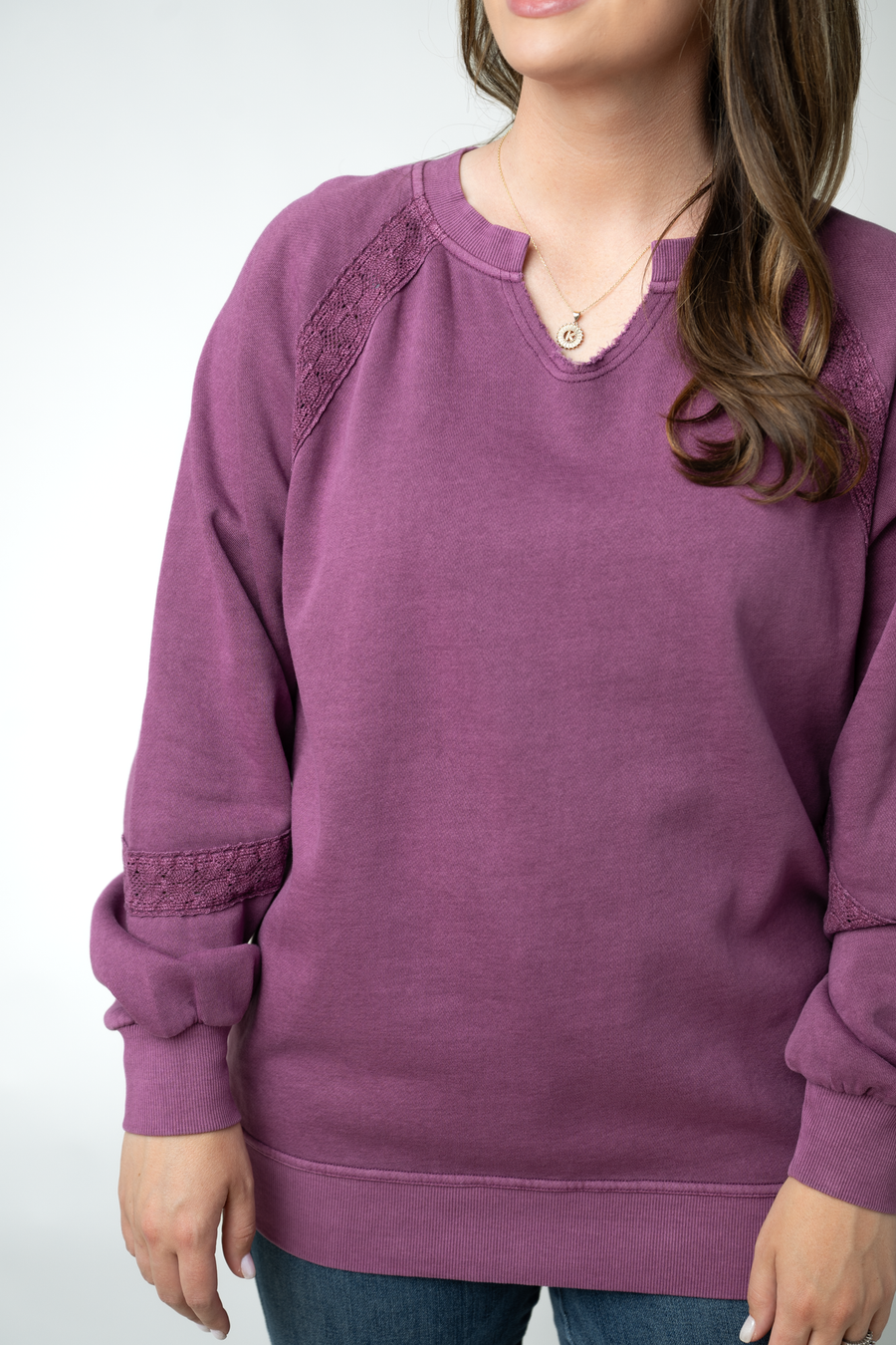 WAREHOUSE ONLY Lace Accent Vintage Wash Pullover - Purple