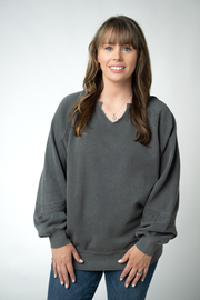 WAREHOUSE ONLY Lace Accent Vintage Wash Pullover - Black