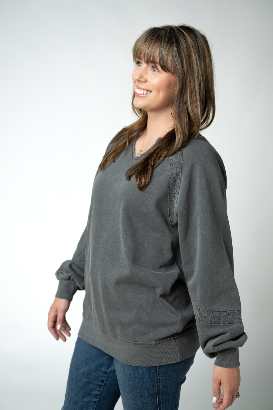 WAREHOUSE ONLY Lace Accent Vintage Wash Pullover - Black