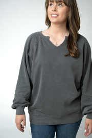 WAREHOUSE ONLY Lace Accent Vintage Wash Pullover - Black