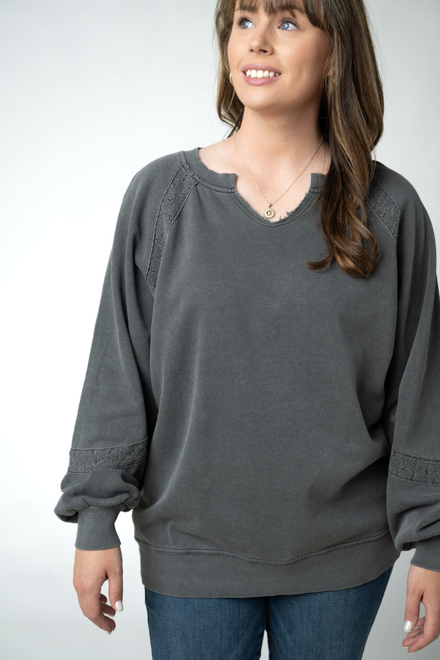 WAREHOUSE ONLY Lace Accent Vintage Wash Pullover - Black