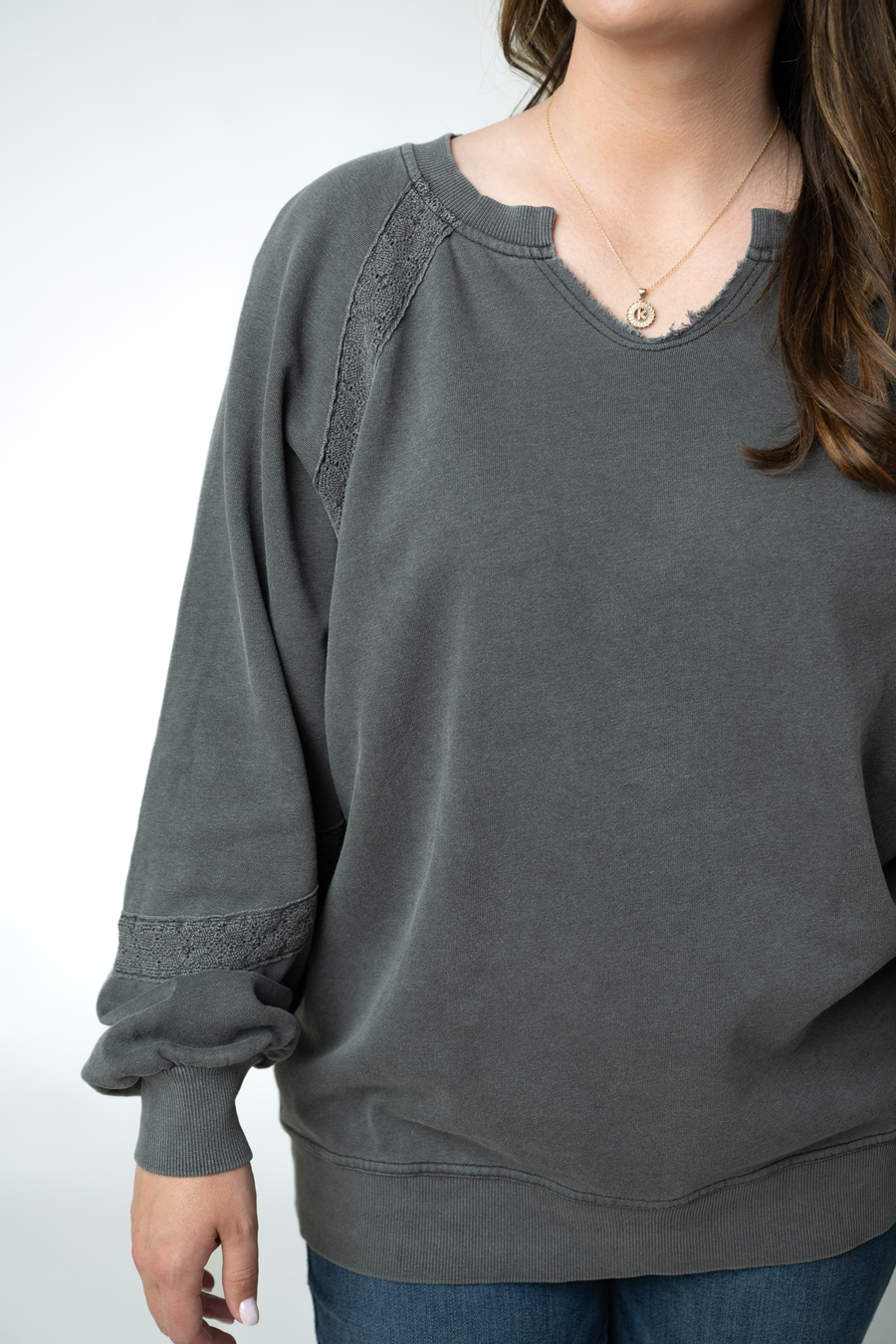 WAREHOUSE ONLY Lace Accent Vintage Wash Pullover - Black