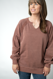 WAREHOUSE ONLY Lace Accent Vintage Wash Pullover - Brown