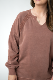 WAREHOUSE ONLY Lace Accent Vintage Wash Pullover - Brown