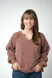 WAREHOUSE ONLY Lace Accent Vintage Wash Pullover - Brown