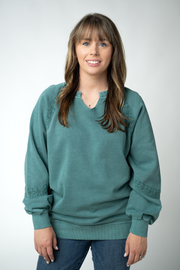 WAREHOUSE ONLY Lace Accent Vintage Wash Pullover - Teal