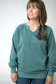 WAREHOUSE ONLY Lace Accent Vintage Wash Pullover - Teal