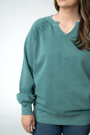 WAREHOUSE ONLY Lace Accent Vintage Wash Pullover - Teal