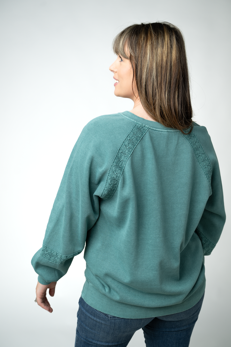 WAREHOUSE ONLY Lace Accent Vintage Wash Pullover - Teal