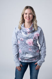 WAREHOUSE Classic Zoey ZipCowl Sweatshirt - Grey Floral and Stripes