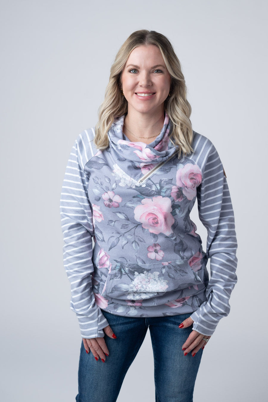 WAREHOUSE Classic Zoey ZipCowl Sweatshirt - Grey Floral and Stripes