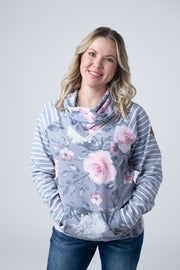 WAREHOUSE Classic Zoey ZipCowl Sweatshirt - Grey Floral and Stripes