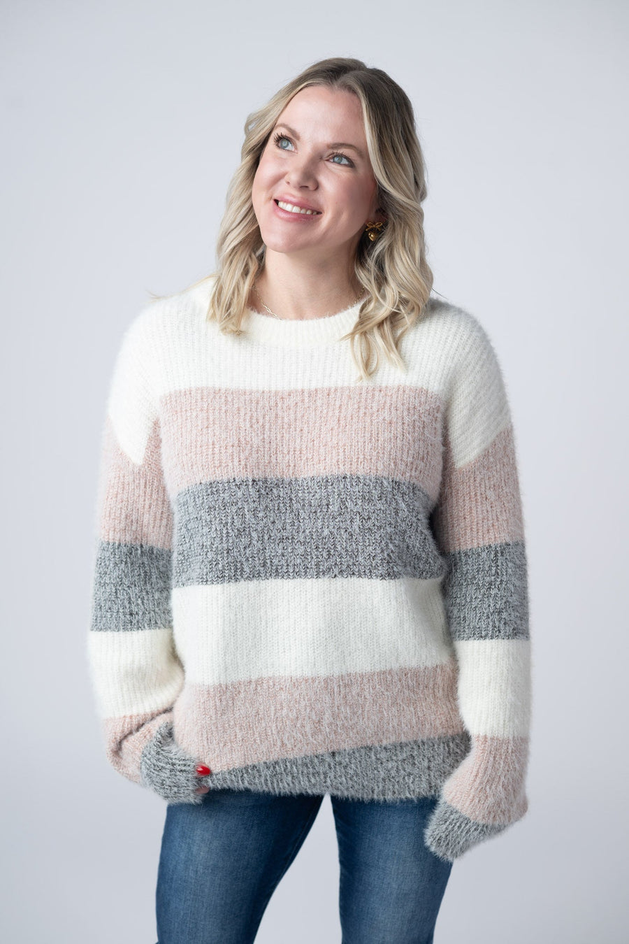 WAREHOUSE Cozy Block Sweater - Pink and Grey