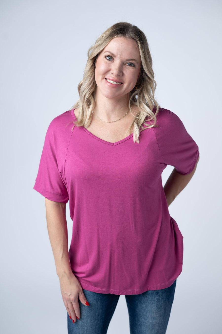 WAREHOUSE Bamboo V Neck Tee - Magenta