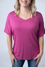 WAREHOUSE Bamboo V Neck Tee - Magenta