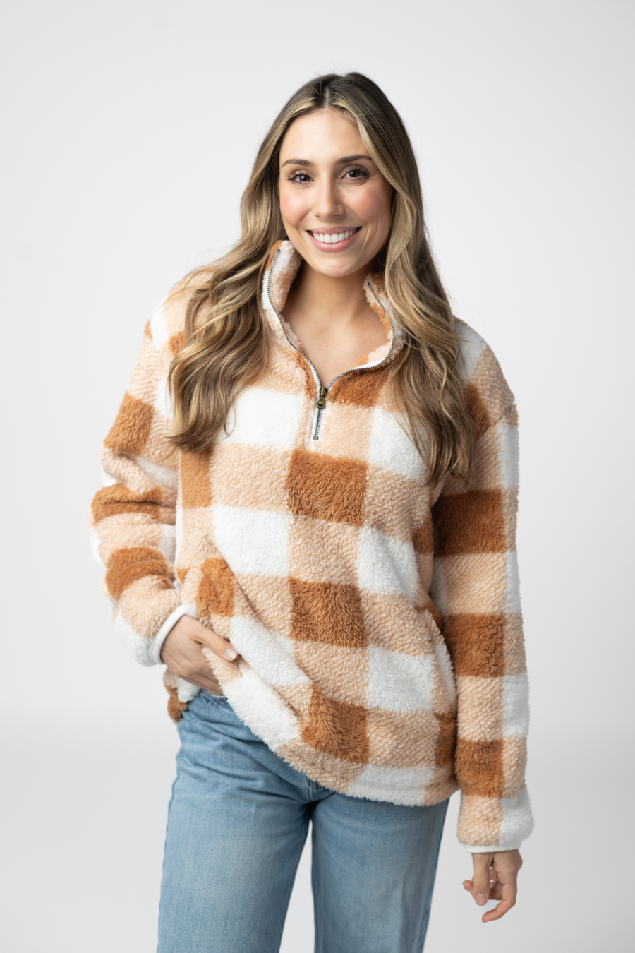 WAREHOUSE ONLY Sherpa Plaid Pullover - Camel