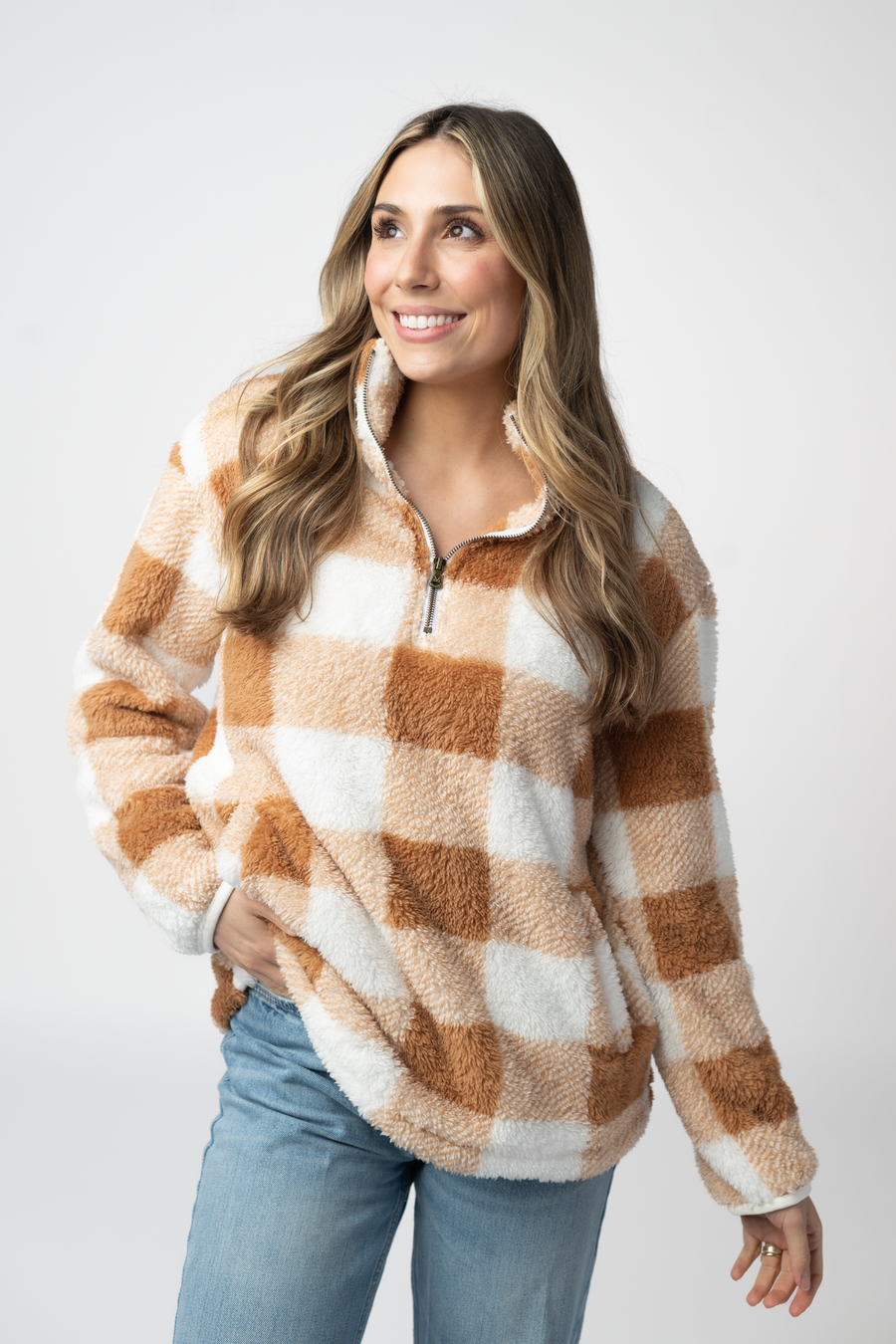 WAREHOUSE ONLY Sherpa Plaid Pullover - Camel