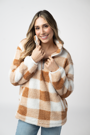 WAREHOUSE ONLY Sherpa Plaid Pullover - Camel
