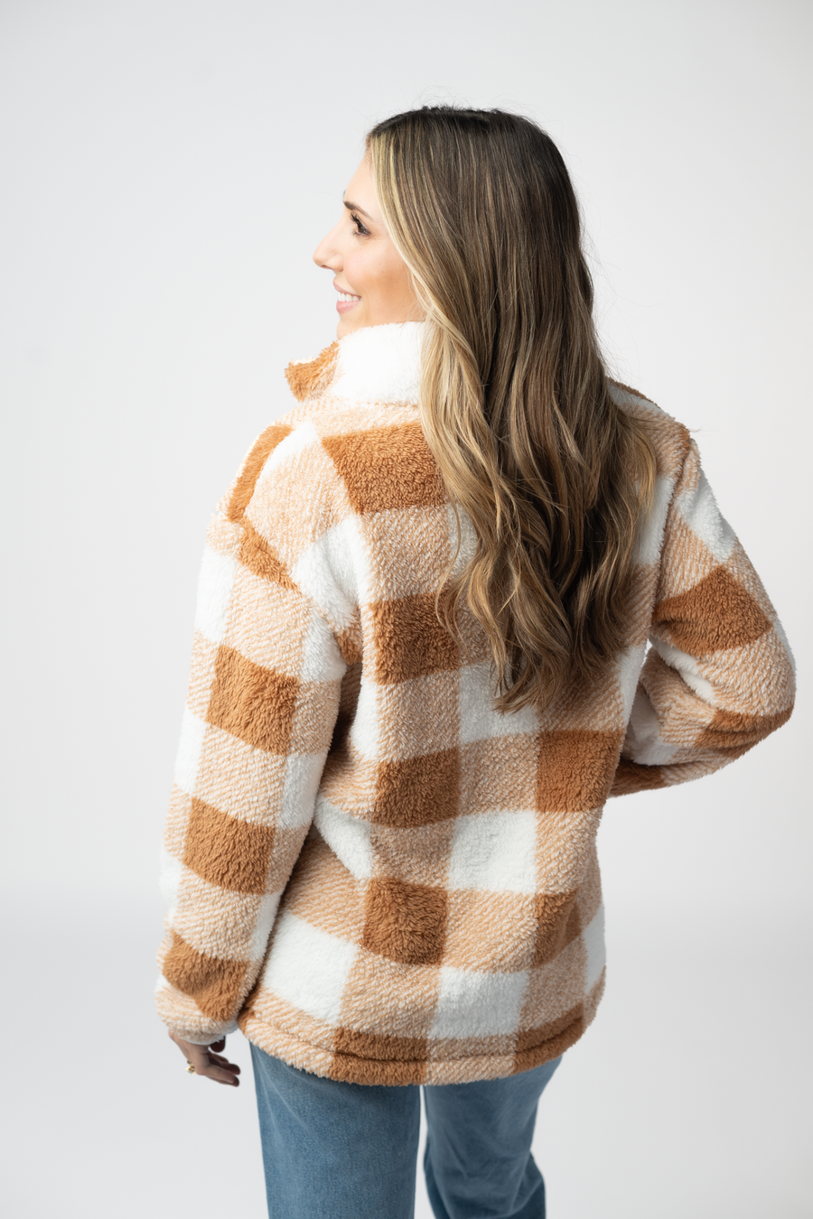WAREHOUSE ONLY Sherpa Plaid Pullover - Camel
