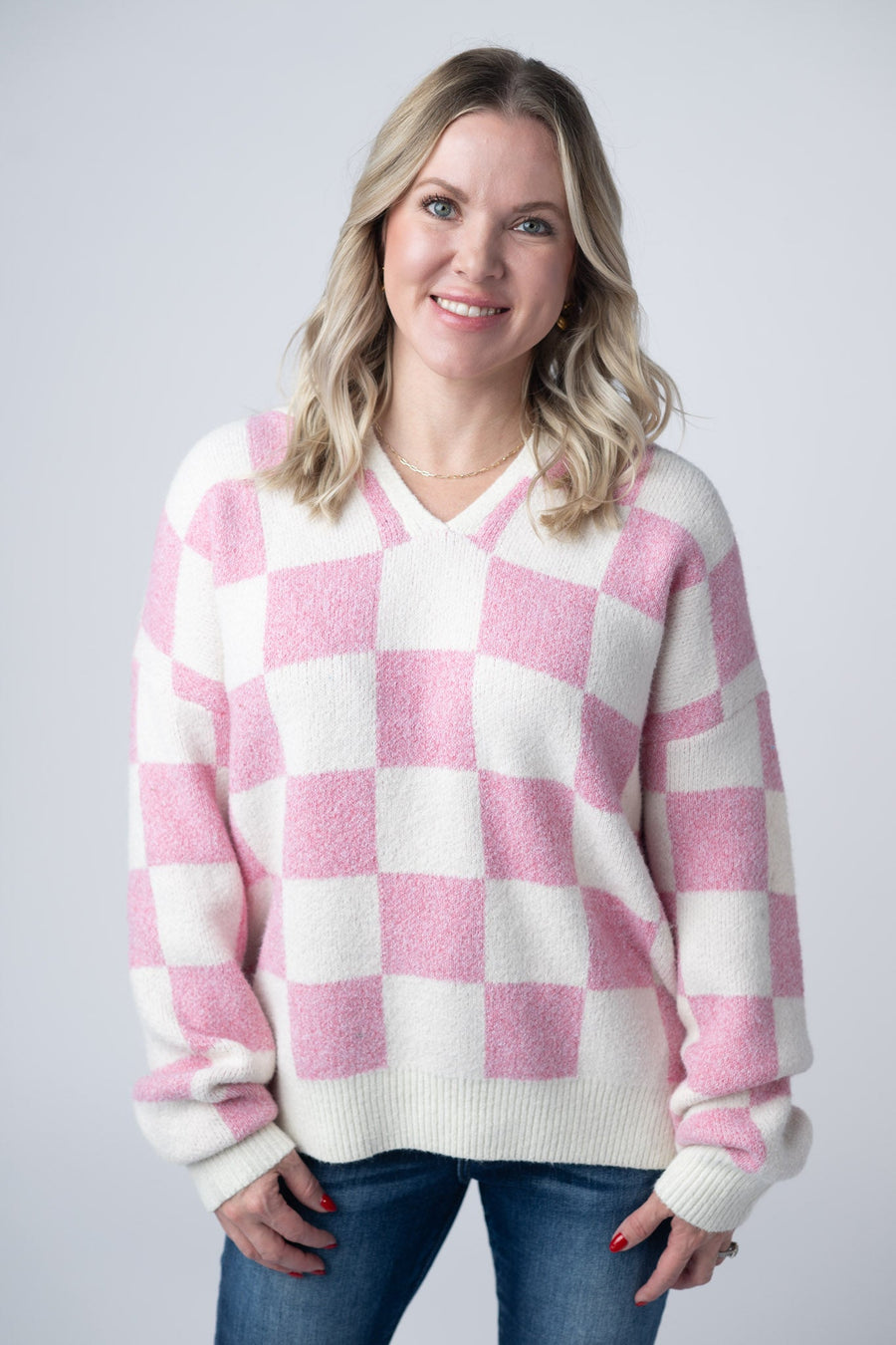 WAREHOUSE Checkered Hoodie - Pink and White